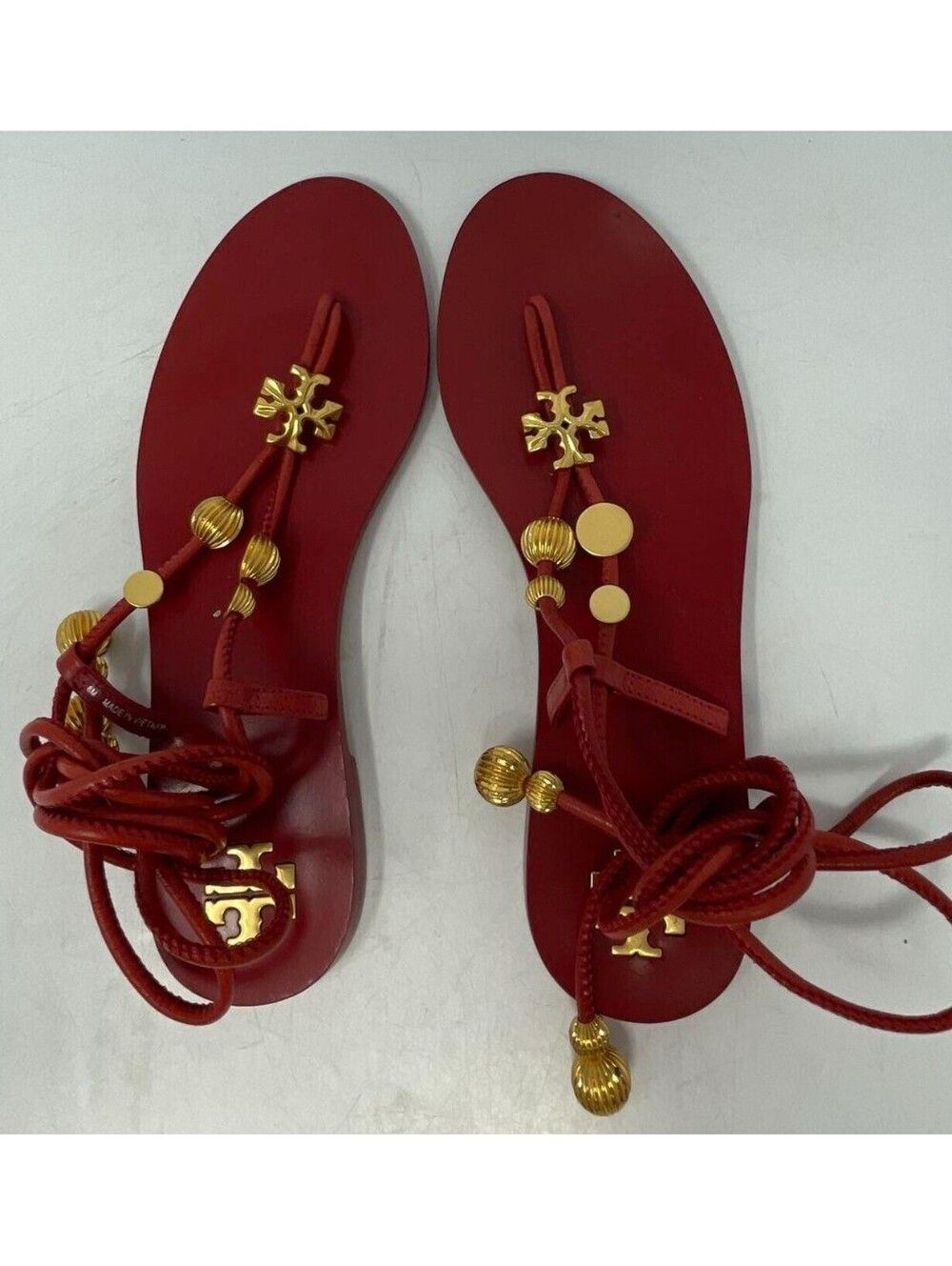 Tory Burch Capri Red Leather Multi-Charm Flat Lace Up Sandals 6M